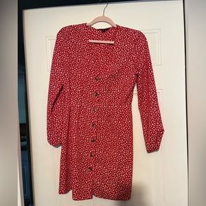 Red Ditsy Floral Print Long Sleeve Button Down Mini Dress, Size 6